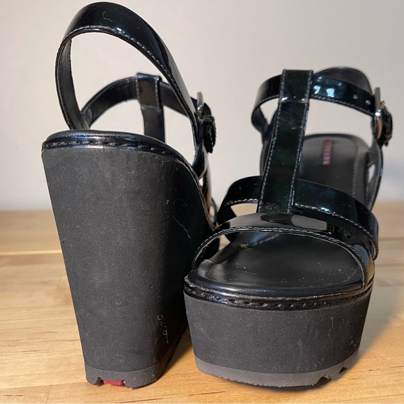 Prada Sport Black Patent Leather Wedge Platform Ankle Strap Sandals Size 39 - Picture 14 of 15